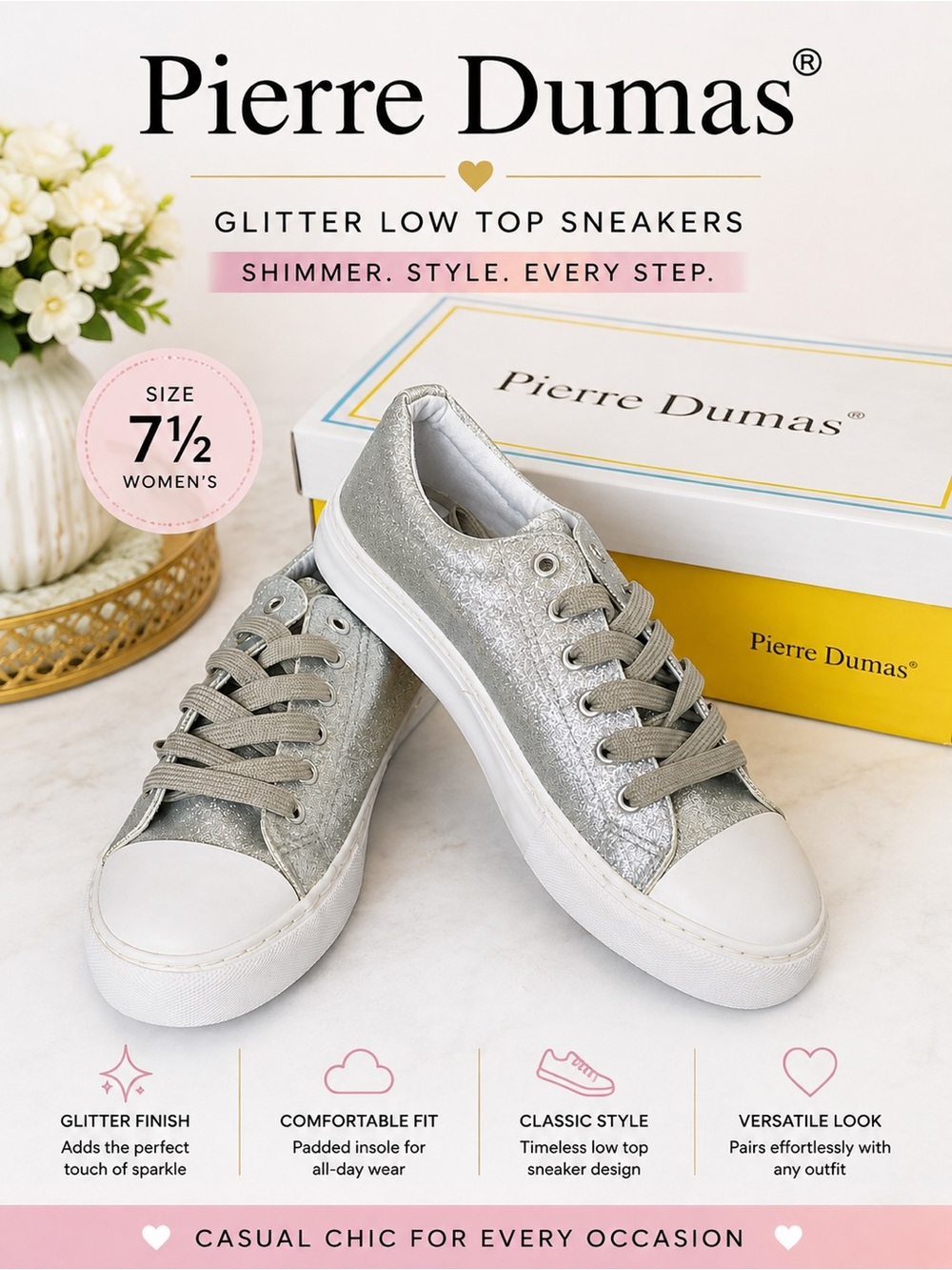 Pierre Dumas Silver Glitter Low-Top Sneakers